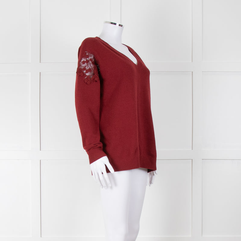 Chloe Brick Red Cashmere Wool Blend Appliqué Shoulder V Neck Jumper