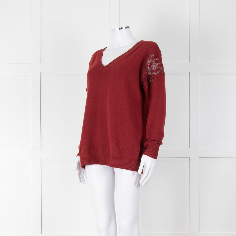 Chloe Brick Red Cashmere Wool Blend Appliqué Shoulder V Neck Jumper