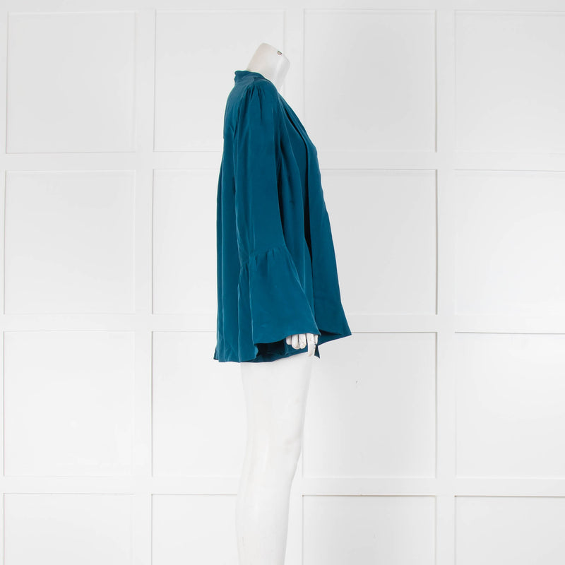 Michael Michael Kors Silk Teal Flared Sleeve Blouse With Tie