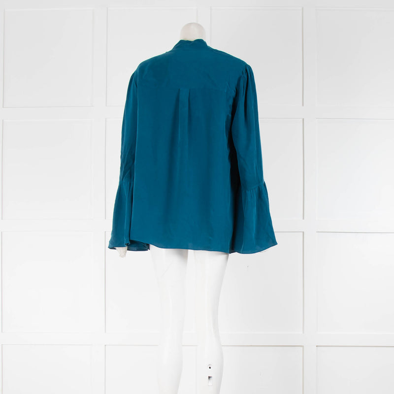 Michael Michael Kors Silk Teal Flared Sleeve Blouse With Tie