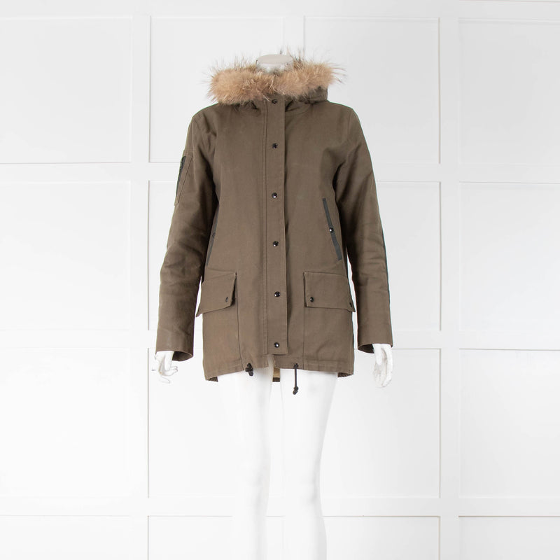 Sandro Khaki Cotton Parka With Fur Collar