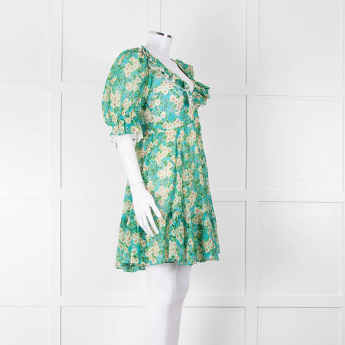 By Timo Turquoise Cream Floral Puff Sleeve Mini Dress