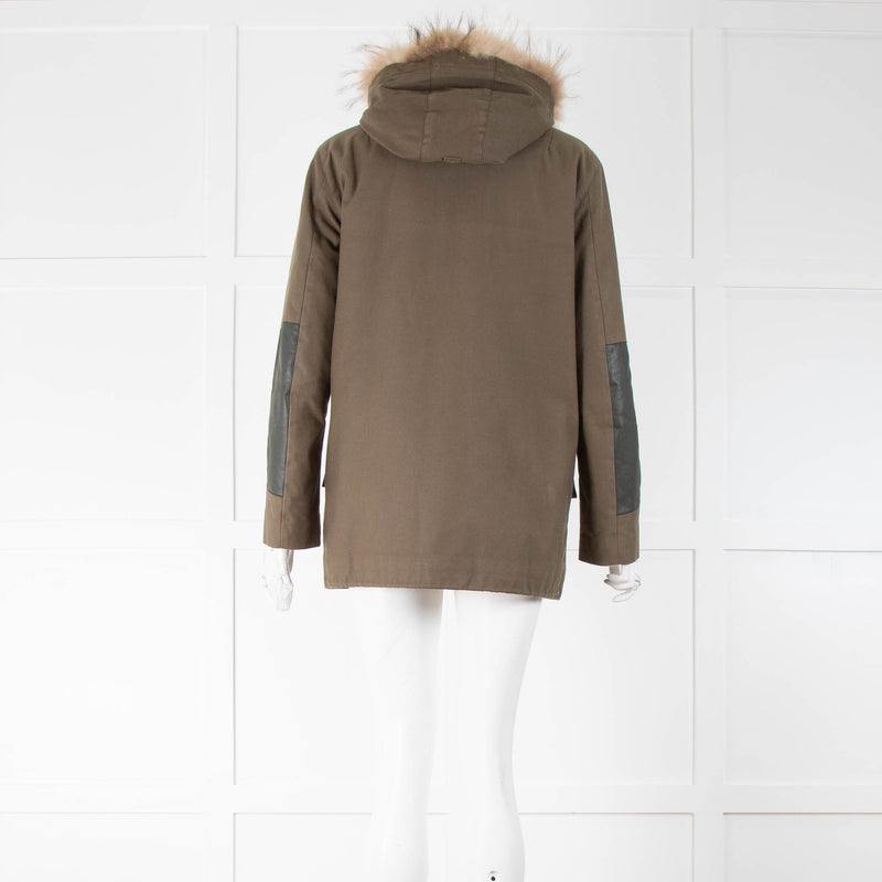 Sandro Khaki Cotton Parka With Fur Collar