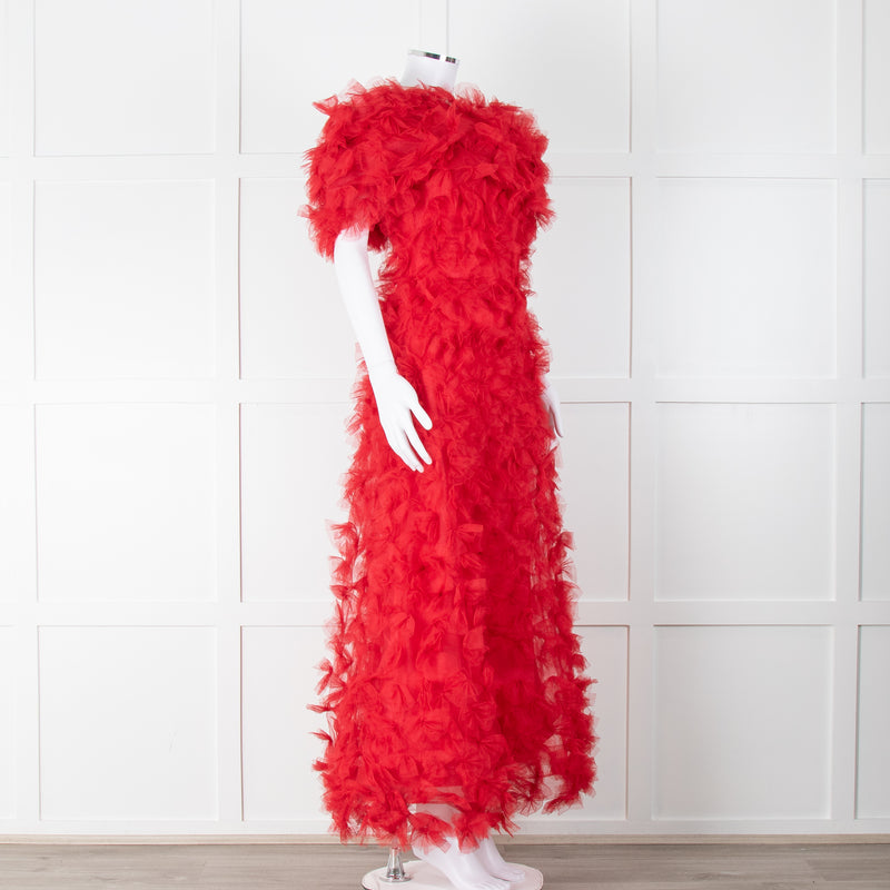 Rodarte Red Tulle Hand-Embroidered Bows Off Shoulder Gown