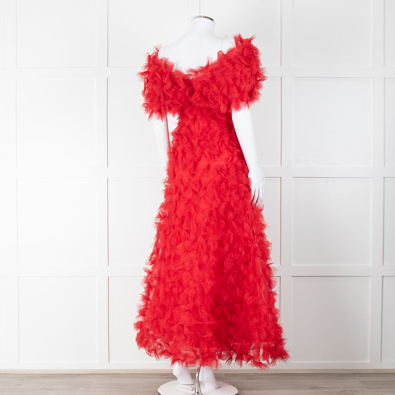 Rodarte Red Tulle Hand-Embroidered Bows Off Shoulder Gown