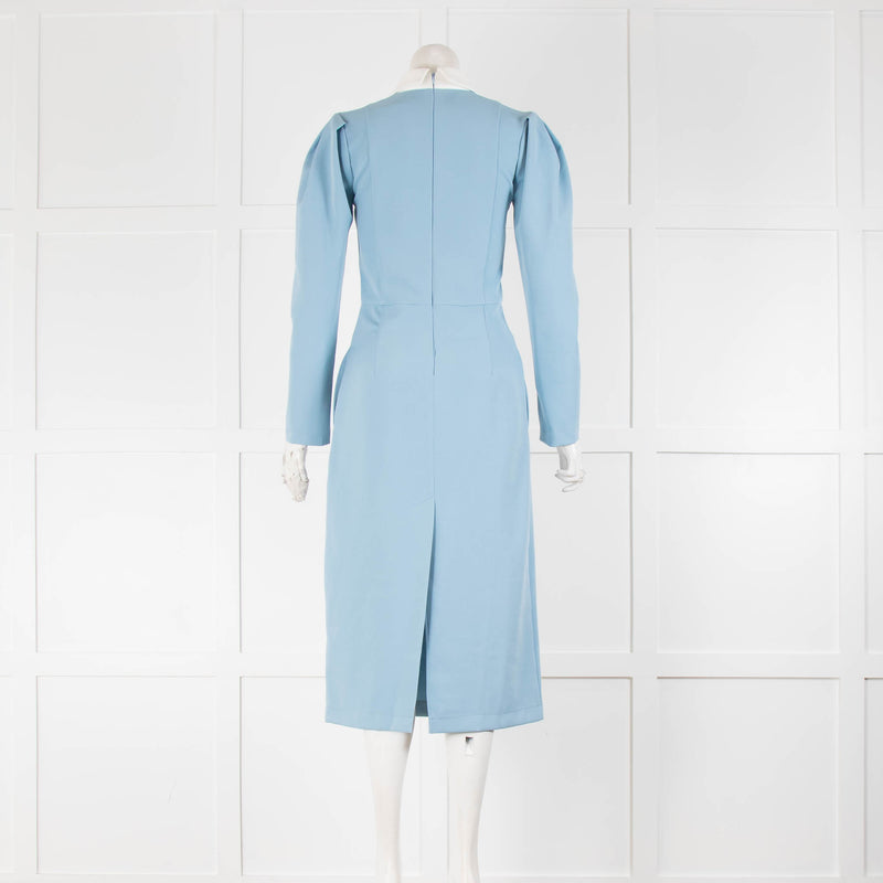 Julia Allert Blue Cream Pointy Collar Long Sleeve Midi Dress