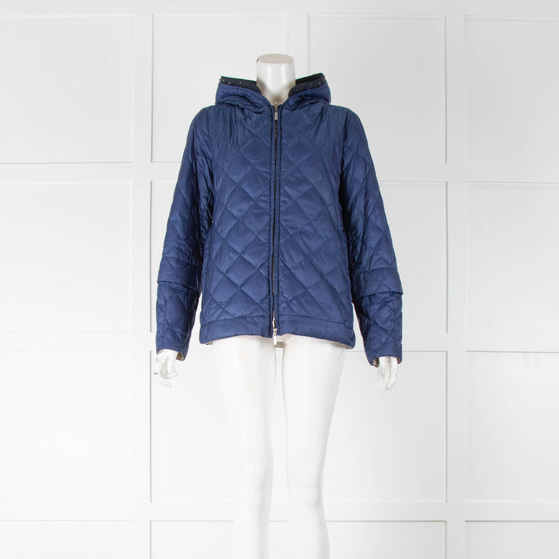 S Max Mara Blue Ecru Bead Trim Hooded Reversible Jacket