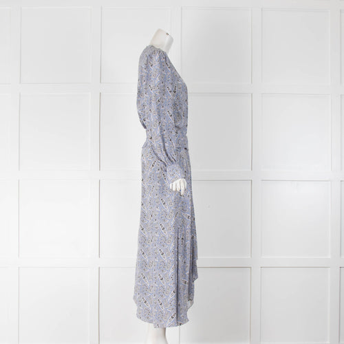 Isabel Marant Grey Blue Silk Paisley Long Sleeve Midi Dress