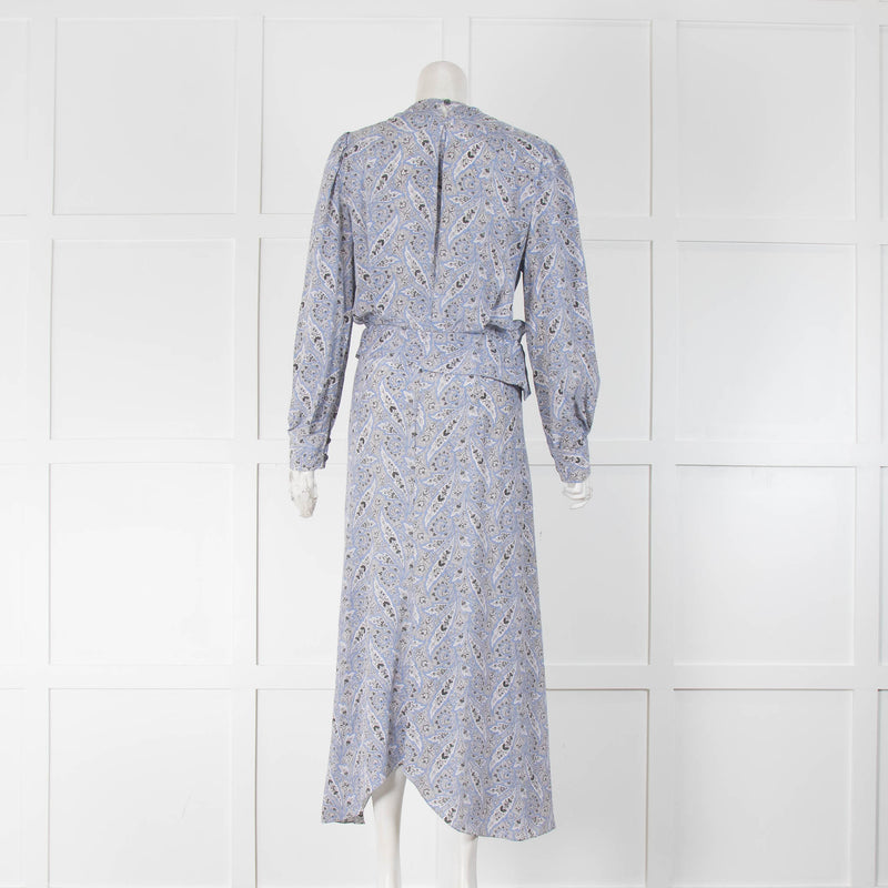 Isabel Marant Grey Blue Silk Paisley Long Sleeve Midi Dress