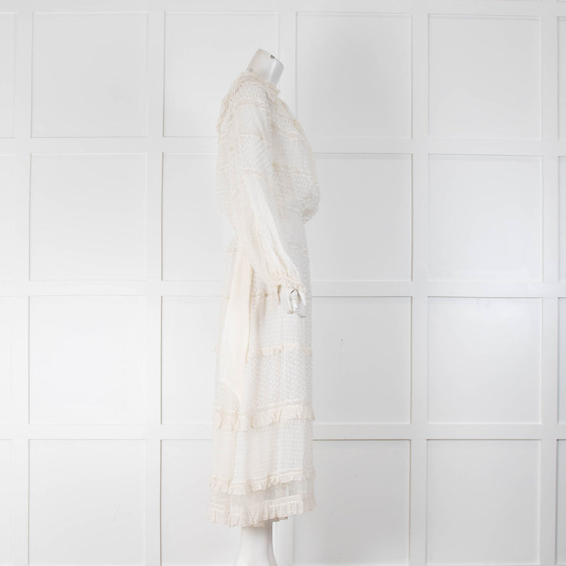 Zimmermann Cream Sheer Silk Dot Print Belted Maxi Dress