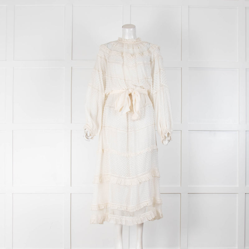 Zimmermann Cream Sheer Silk Dot Print Belted Maxi Dress