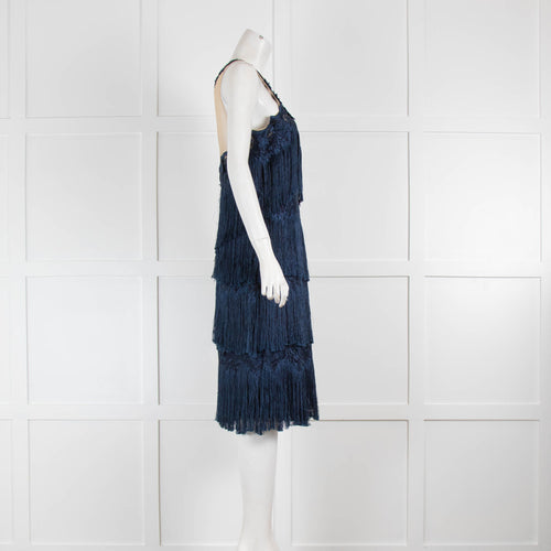 Marchesa Notte Fringed Blue Dress