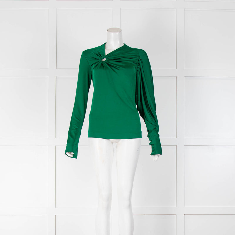 Victoria Beckham Green Viscose Blend Heavy Shine Jersey Long Sleeve Circle Detail Top