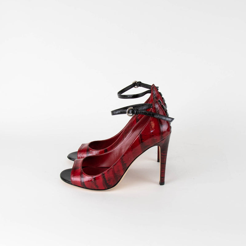 Sergio Rossi Dark Red Black Varnish Eel skin Ankle Strap Heeled Shoes