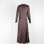 Ganni Brown Satin Polka Dot Maxi Long Sleeve Dress