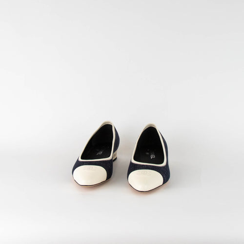 Chanel Cream Cap Toe Denim Flats  with Chain Heel Detail