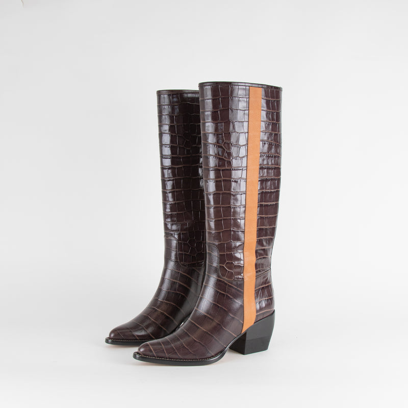 Chloe Dark Brown Croc Effect Cowboy Vinny Boot