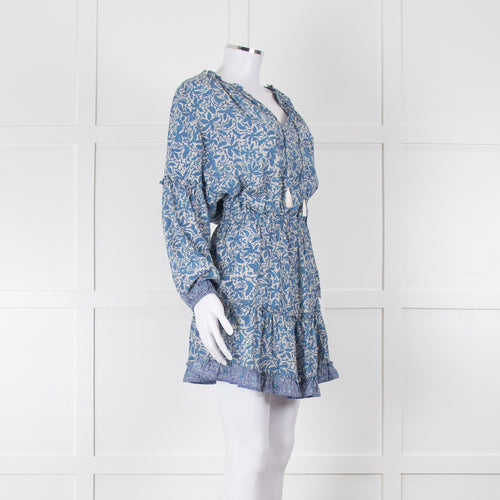 Natalie Martin Cream Blue Floral Long Sleeve Mini Silk Dress