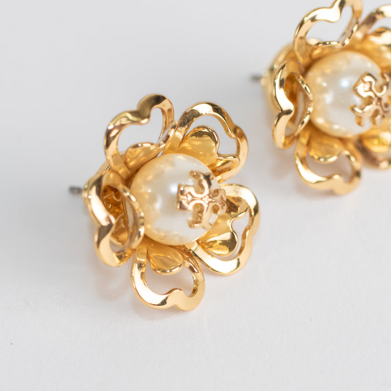 Tory Burch Gold Tone Flower Earring With Pearl Logo