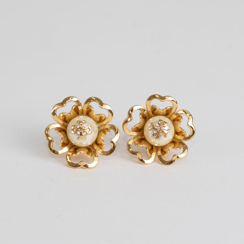 Tory Burch Gold Tone Flower Earring With Pearl Logo