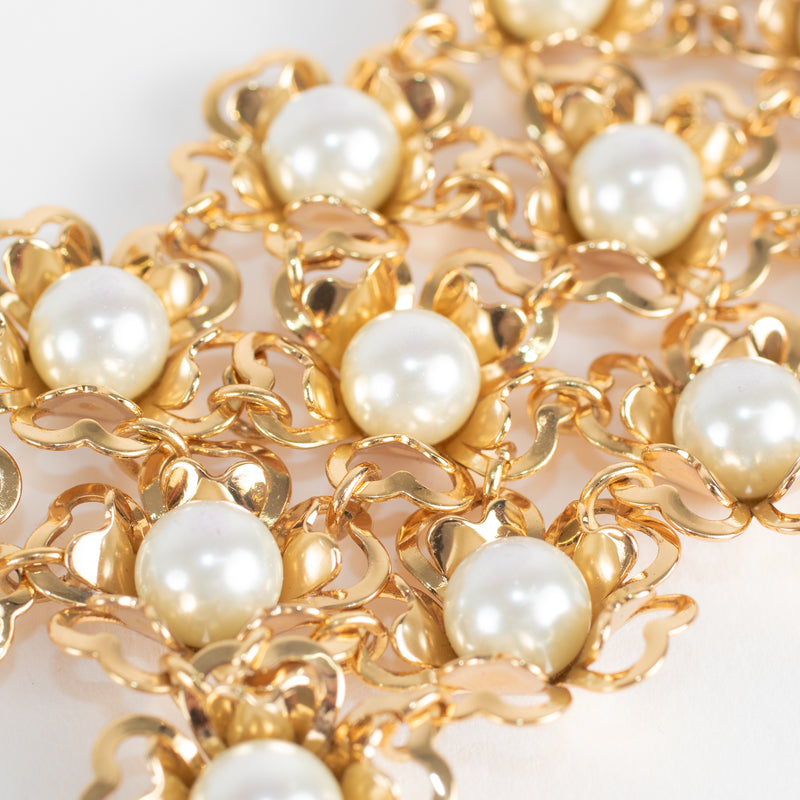 Tory Burch Gold Tone Flower Chain Bracelet With Pearls