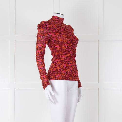 Diane Von Furstenberg Burgundy Floral Gathered Puff Sleeve Top