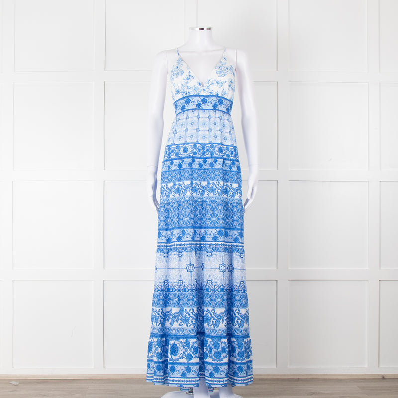 Alice + Olivia White Blue Floral Sleeveless Maxi Dress