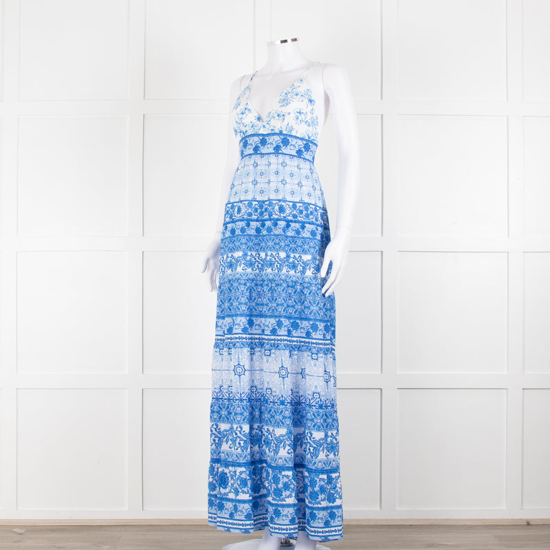 Alice + Olivia White Blue Floral Sleeveless Maxi Dress