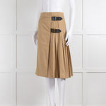 Burberry Camel Pleated Skirt with Buckle Fastenings