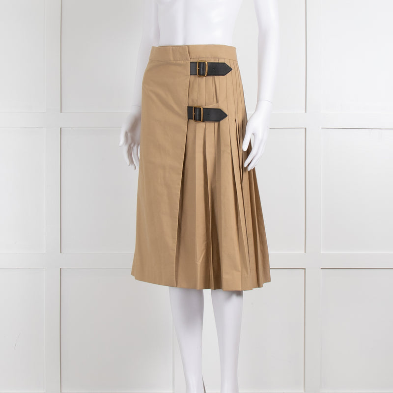 Burberry Camel Pleated Skirt with Buckle Fastenings