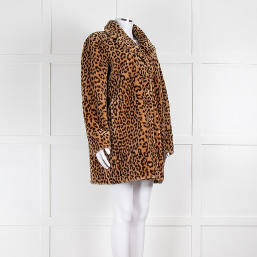 Stand Animal Print Brown Gold Faux Fur Coat