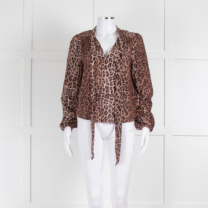 Rixo Brown Animal Print Tie Neck Blouse