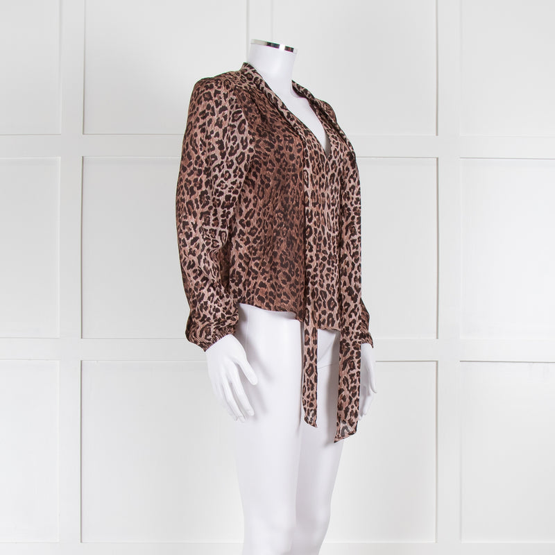 Rixo Brown Animal Print Tie Neck Blouse