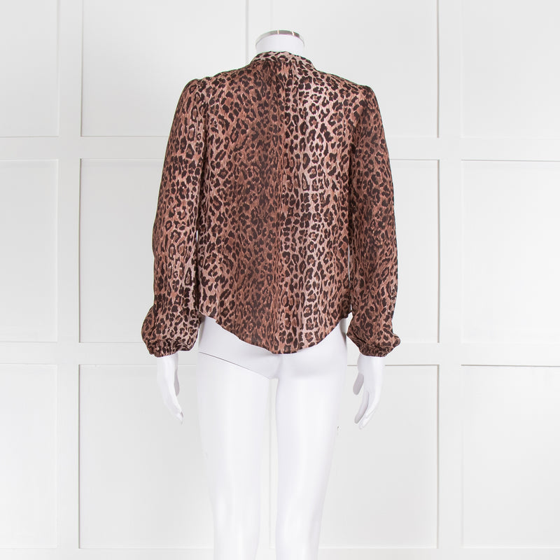 Rixo Brown Animal Print Tie Neck Blouse