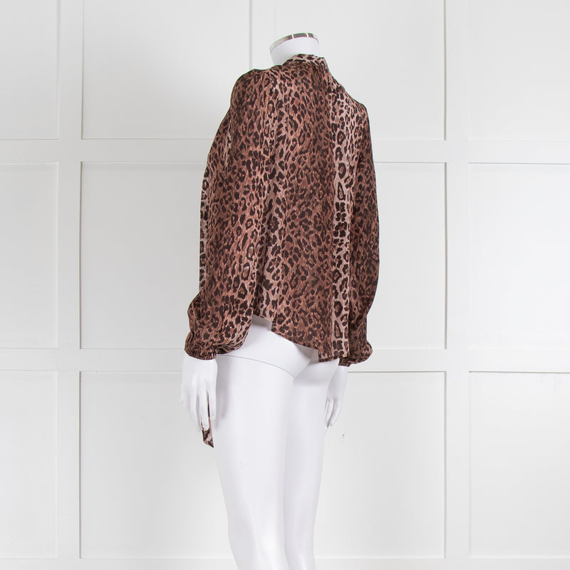 Rixo Brown Animal Print Tie Neck Blouse