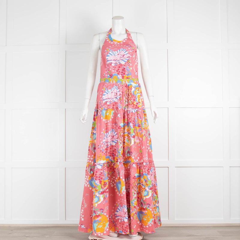 Emporio Sirenuse Pink Yellow Blue Cotton Backless Maxi Dress