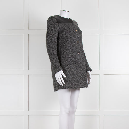 Sandro Grey Fleck Tweed Coat With Leather Shoulders