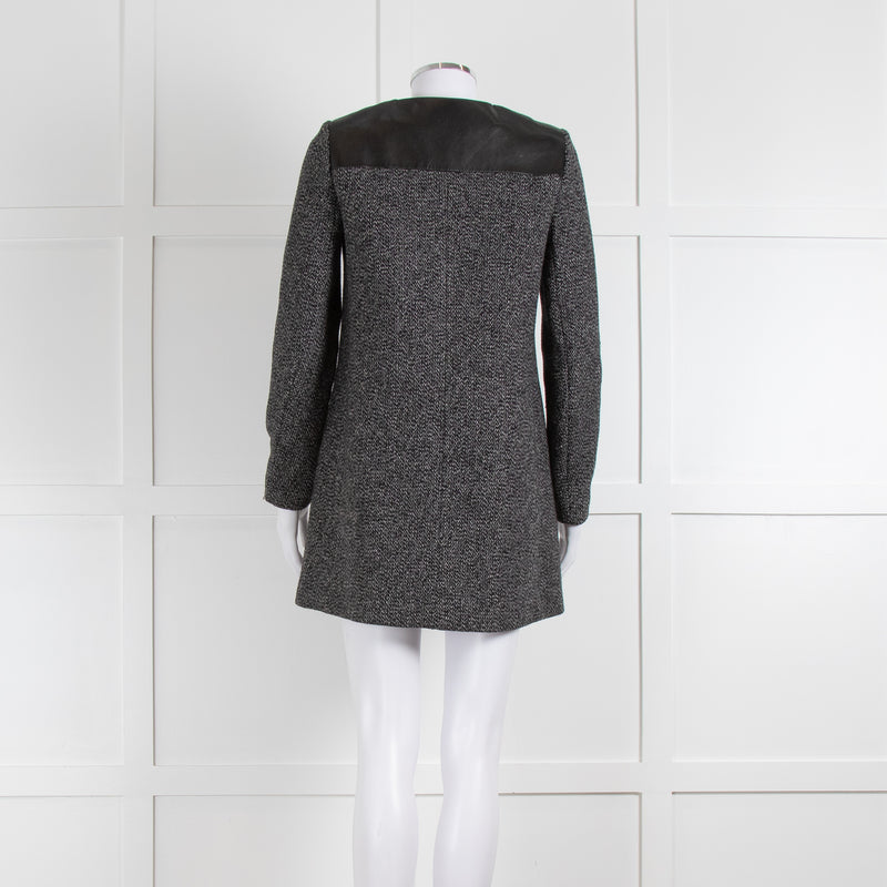 Sandro Grey Fleck Tweed Coat With Leather Shoulders