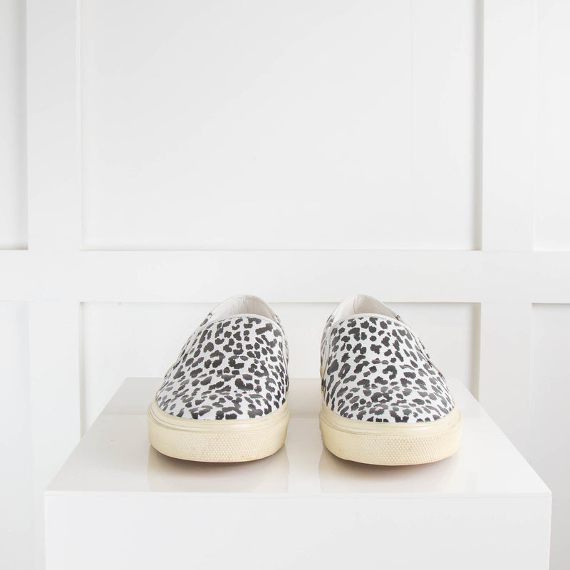 Saint Laurent White Black Animal Print Slip On Shoes