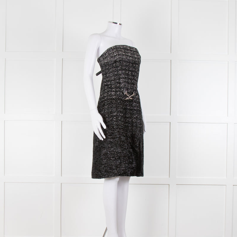 Lanvin Black Grey Lurex Silver Swan Clasp Strapless Dress