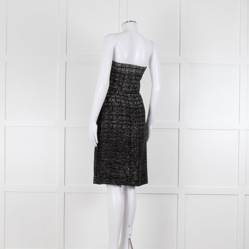 Lanvin Black Grey Lurex Silver Swan Clasp Strapless Dress