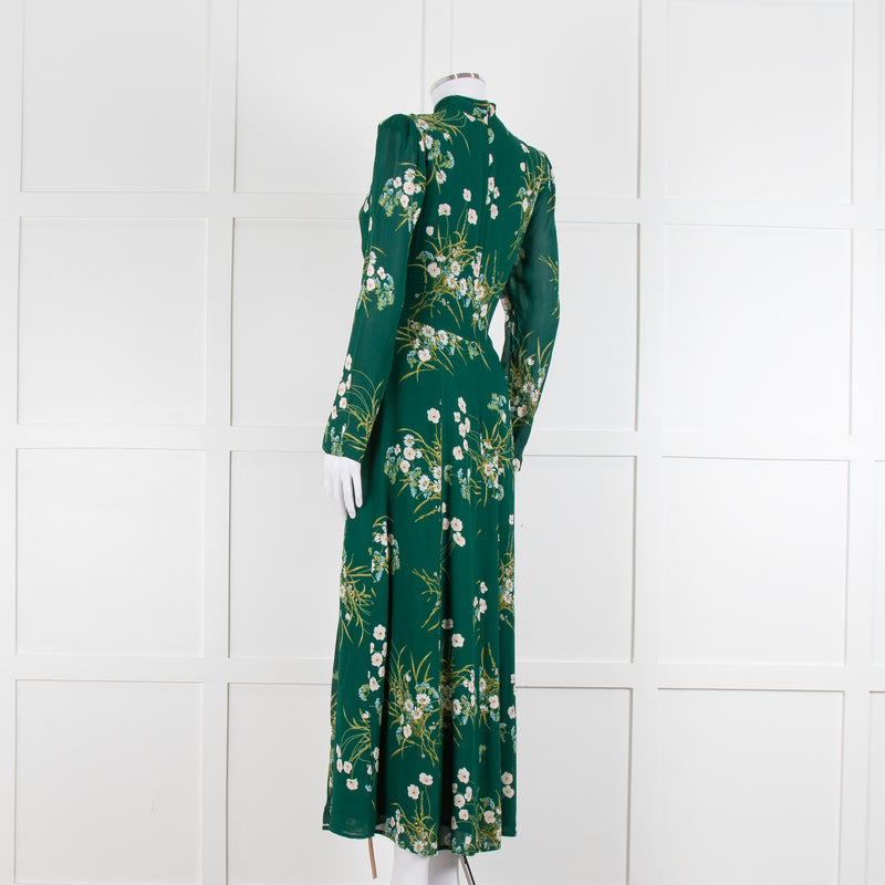 Reformation Green Floral Castalia Long Sleeve Midi Dress