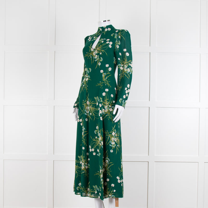 Reformation Green Floral Castalia Long Sleeve Midi Dress