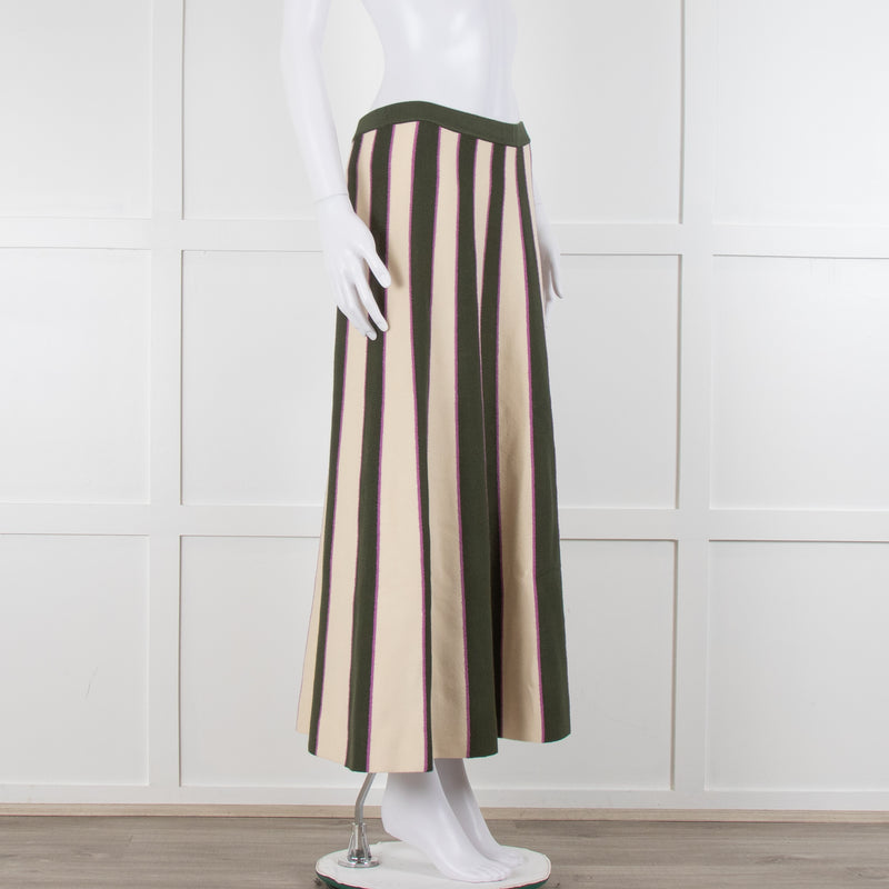 Victoria Beckham Khaki Green Cream Pink Stripe Knitted Maxi Skirt