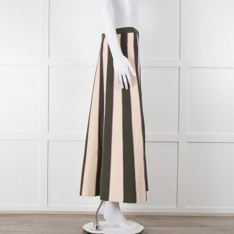 Victoria Beckham Khaki Green Cream Pink Stripe Knitted Maxi Skirt