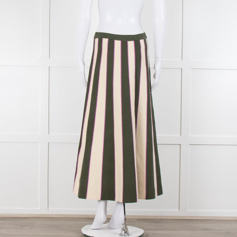 Victoria Beckham Khaki Green Cream Pink Stripe Knitted Maxi Skirt