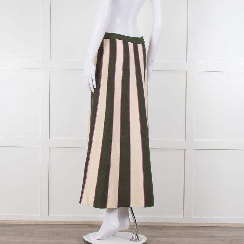 Victoria Beckham Khaki Green Cream Pink Stripe Knitted Maxi Skirt