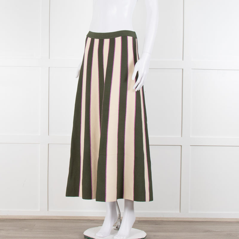 Victoria Beckham Khaki Green Cream Pink Stripe Knitted Maxi Skirt