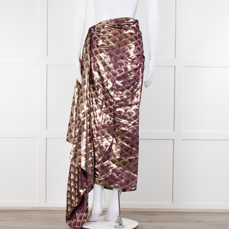 Dries Van Noten Purple Gold Silk Wrap Maxi Skirt