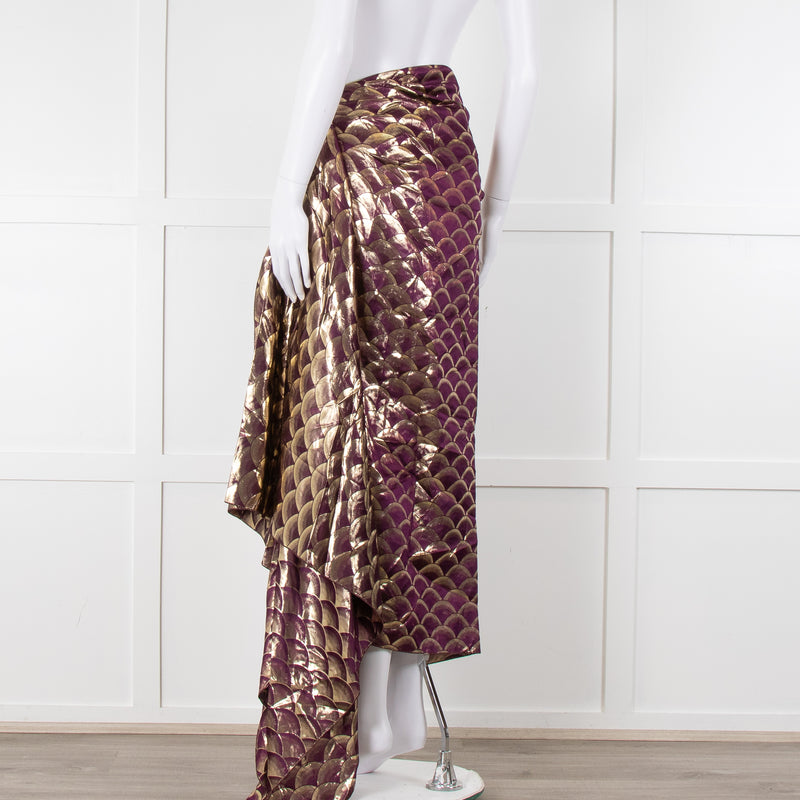 Dries Van Noten Purple Gold Silk Wrap Maxi Skirt